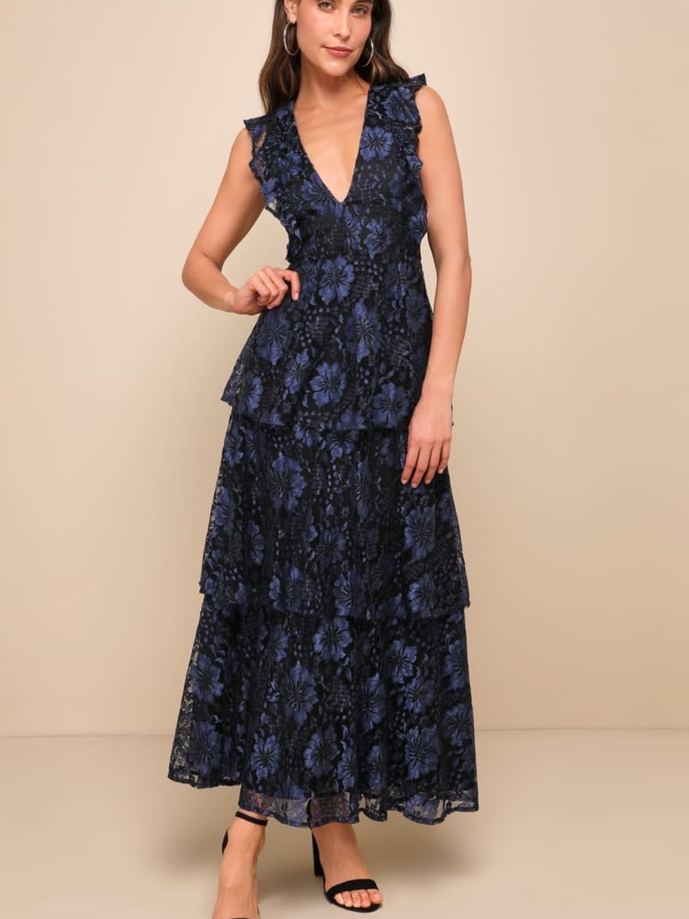 Lulus Molinetto Navy Blue Lace Ruffled Tiered Sleeveless Maxi Dress Large